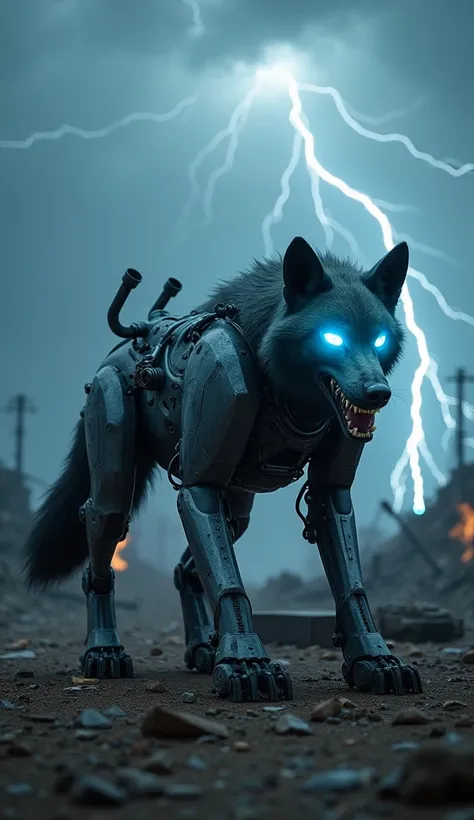 Subject: A super-futuristic hybrid of the wolf and jeep, merging the organic form of the wolf with advanced, mechanical enhancements. The creature has the body shape of a wolf but is armored with metallic panels, with headlights for eyes that glow a fierce...