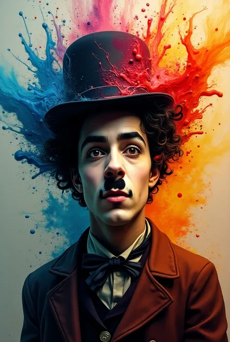  Ultra vivid colors ,  high contrast,  bright colors, ( explosive volumetric :1.8),( Paint crashing and splashing on the screen ),(  depth of field  ),Full body view of Charlie Chaplin The Tramp
, face lateral blends into it,((face lateral)),open mouth,( R...