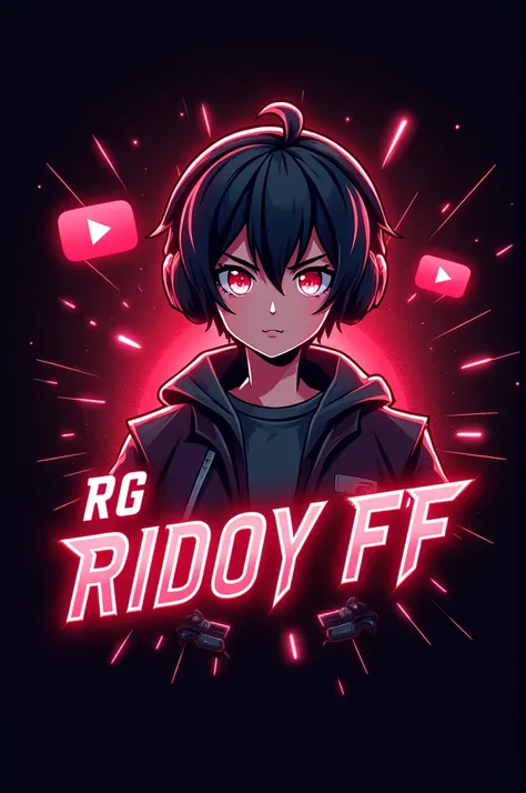 This is a gaming logo that features the  RG RIDOY FF" Your name " in a futuristic font and a neon Red color. and Boy Anime avtar, The logo also has a stylized controller icon and a YouTube play button in the background. The logo is designed to be attractiv...