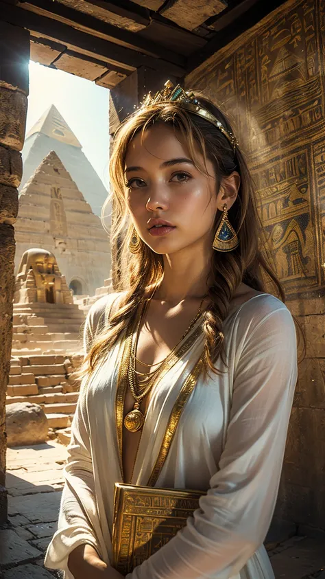 (((ultra realistic))) photo, masterpiece,  hyperrealistic photography of Nami inside an Egyptian pyramid ,  with light clothing and gold accessories , but maintaining her navigational style .  The pyramid is decorated with ancient inscriptions ,  while sak...