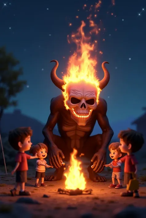 Stunning Pixar-style 3D rendering of Ghost Rider, a mythical creature with a flaming skull, crouching on the ground at a campsite. Surrounding the creature, a group of happy ren are roasting marshmallows over flames radiating from Ghost Riders head. The sk...