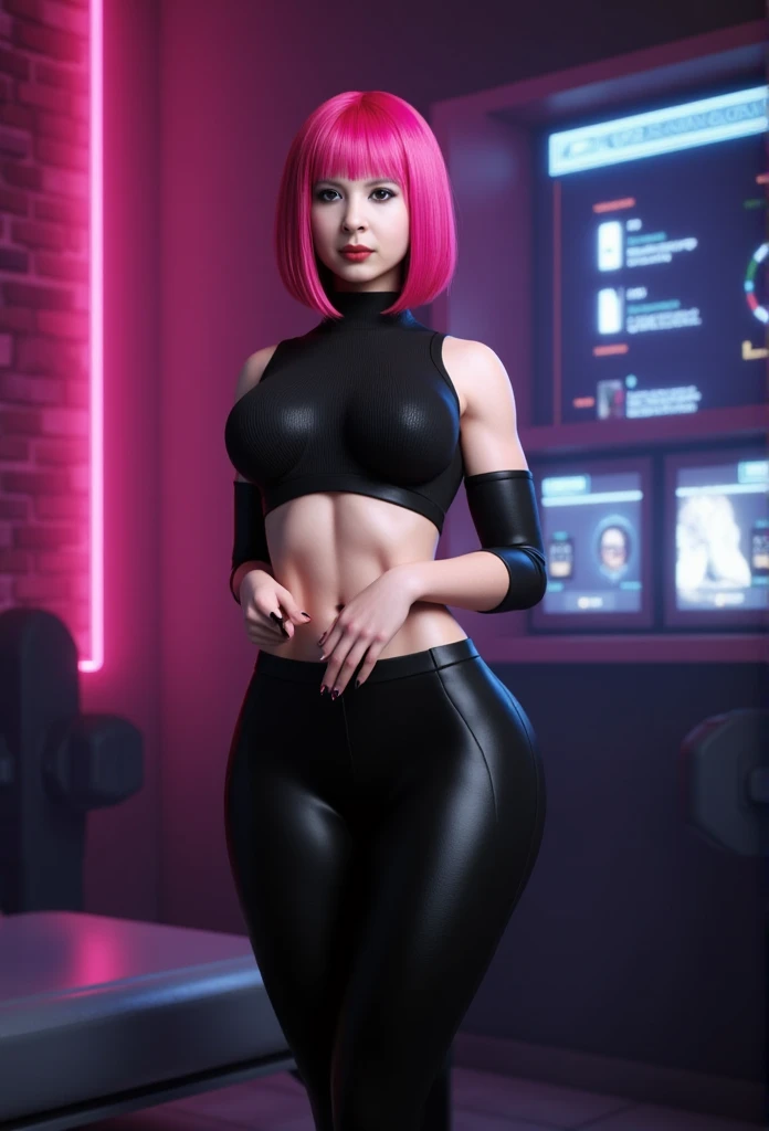 This image is a highly detailed CGI rendering featuring a young woman with a pale, smooth complexion and striking pink hair. She has a slender physique with small, perky breasts and a flat stomach. Her facial features include sharp, angular cheekbones, dar...