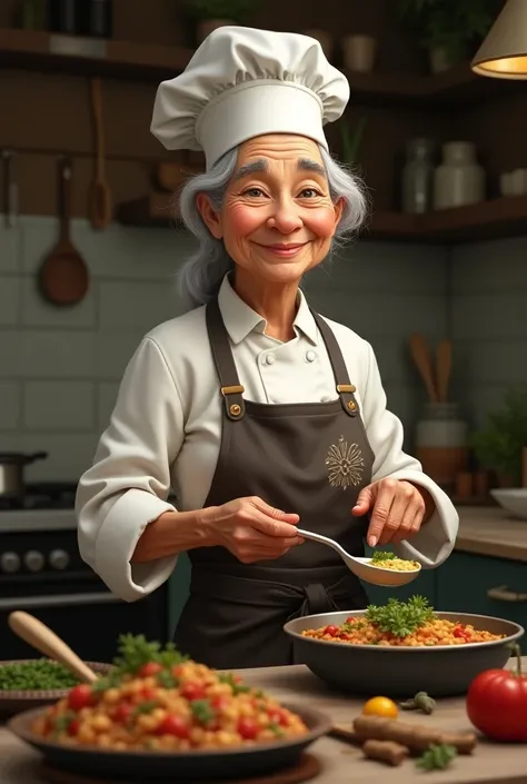 an old women with cheff hat and spoon in her hand
