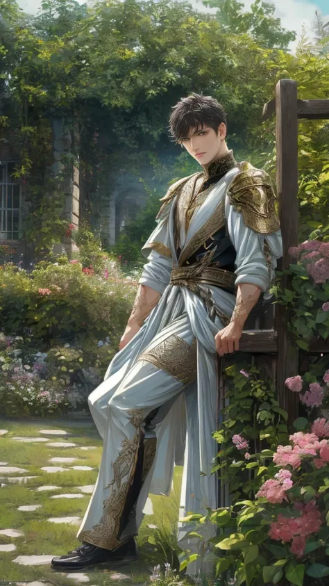 (absurdres, highres, ultra detailed, HDR), masterpiece, Intricate details,best quality picture of a character from Valkyrie Elysium, handsome teen boy with short Hair anime eyes, intricate details on face, in a detailed outside garden sanctuary scenery, de...