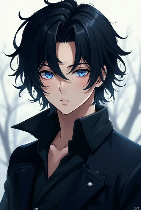 Anime handsome boy, black hair, blue eyes, aesthetic clothes, cool pose, bust-up illustration