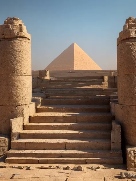  Egyptian Scenery　 pyramid 　Cats on the stone steps 　Fat cat