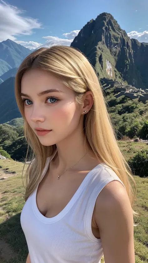 a 18 years old Blonde woman with blue eyes dressed in hiking outfit in front of machu pichu, full view of mountain, beautiful blonde girl, beautiful model girl, beautiful girl model, Blonde girl, beautiful blonde woman, Blonde Frau, Perfekt ausgeleuchtetes...