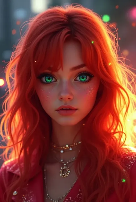  teenage girl , pop star , Red hair,  green eyes 