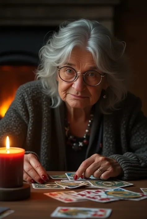 A gray-haired lady with 30 %  gray-haired hair brings ,  thin gold-colored glasses ,  a grumpy lady has a creepy look over her glasses,  her face similar to a grumpy old woman with a closed face  , She is at a table reading playing cards and in the backgro...