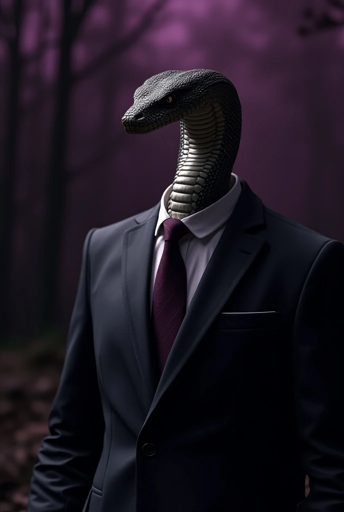 Generate me a cobra wearing a suit and tie and but the back and purple background with trees is a bit scary
With a sexual nature