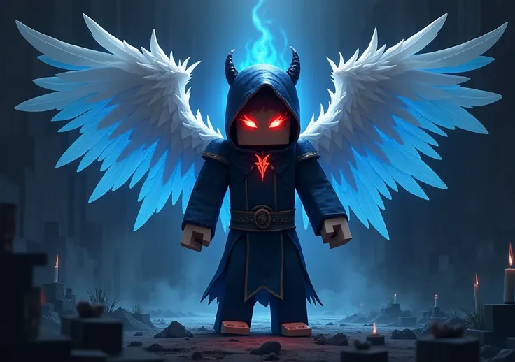 Minecraft charector with black blue huddy, red flaming eyes, horn on head , white wings. Blue flaming eyes . Show full body . Back ground like magic black land . Write SHAMMY NOMANS as Title in blue colour 