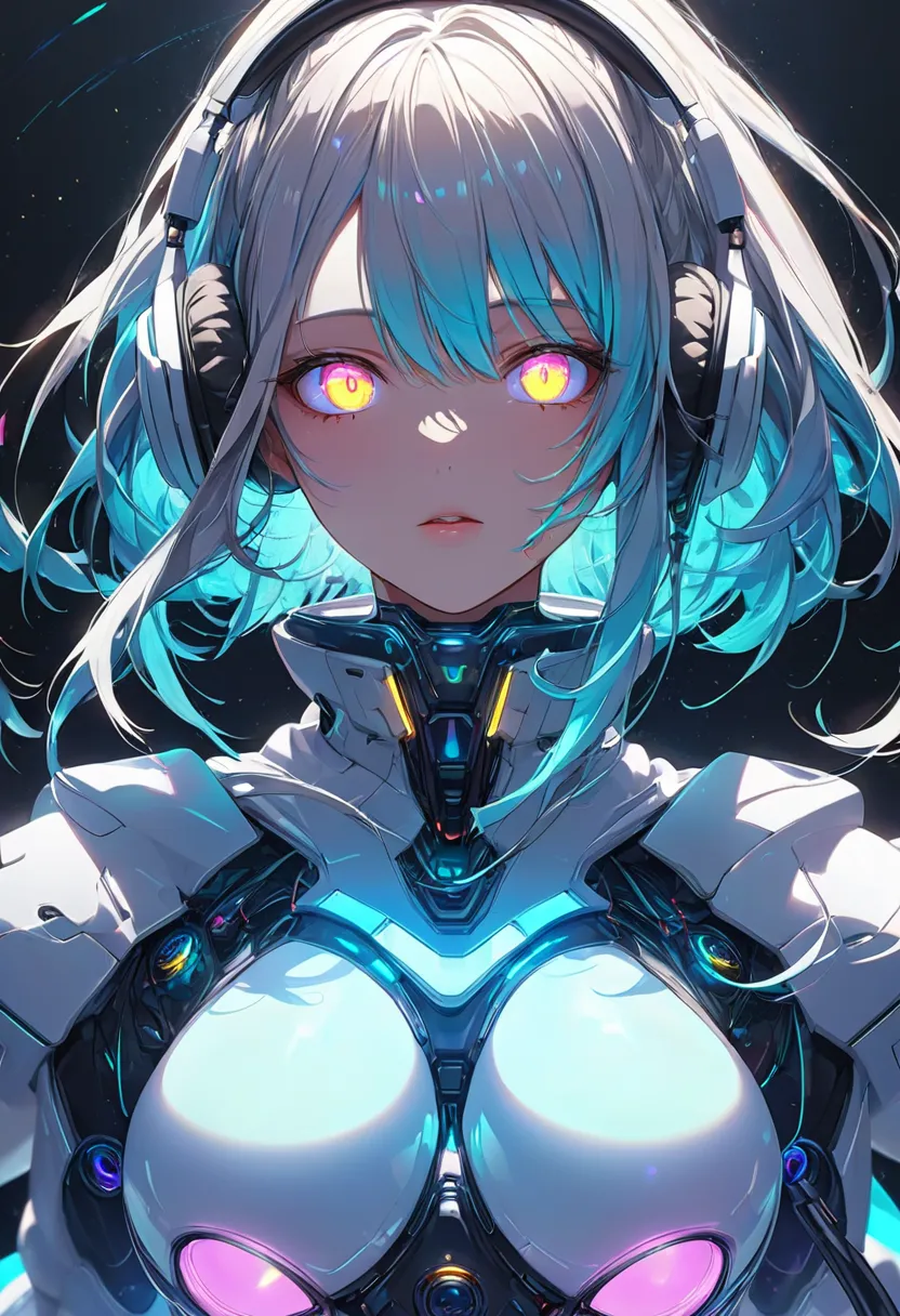 glowing eyes, colourful glowing hair, gradient hair, wearing headphone, music form accessories on her body, anime style, high de...