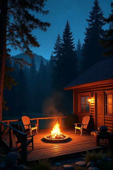 Photography-type image .  A bonfire on the terrace of a cabin in the woods late at night.