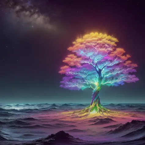  brightly lit tree in the middle of a vast ocean, Magic Tree,  fantasy tree , Space Tree, Magic Tree, Surreal colors, Space Tree of life, Colorful sparkles, Mysterious colors,  Magical Colors and Atmospheres , Glowing color ,  Beautiful Digital Art , very ...