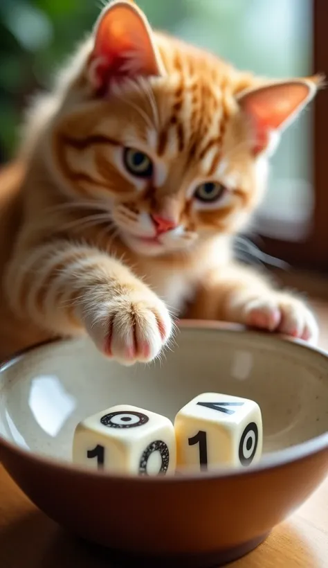 A photorealistic close-up of an orange tabby cat’s paw reaching into a traditional Japanese donburi bowl containing three dice, each showing the number one on their top faces. The cat’s paw, with soft pink pads and finely detailed fur, is captured just as ...