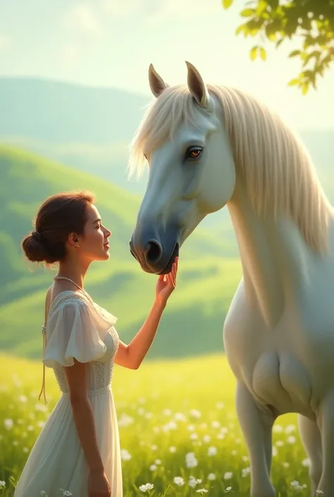 Imagin a woman with white horse and that girl touching that horse  with happy face