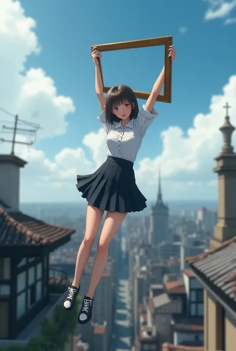 A schoolgirl holding a wall frame with her legs facing down and hanging with her arms outside the roof of a building 