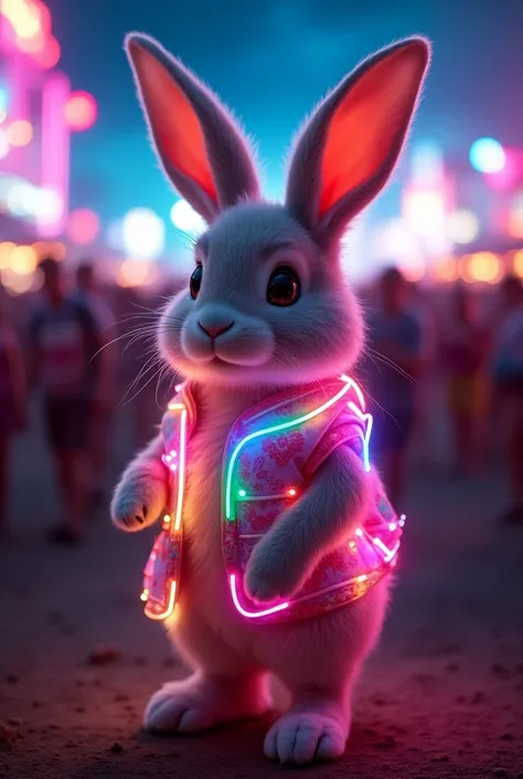 Bunny attending a music festival, wearing neon lights.