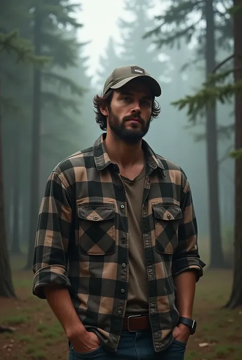  31 year old man , brunette with beard ,  curly short hair lumberjack shirt, BASEBALL CAP,  in a pine forest with fog 