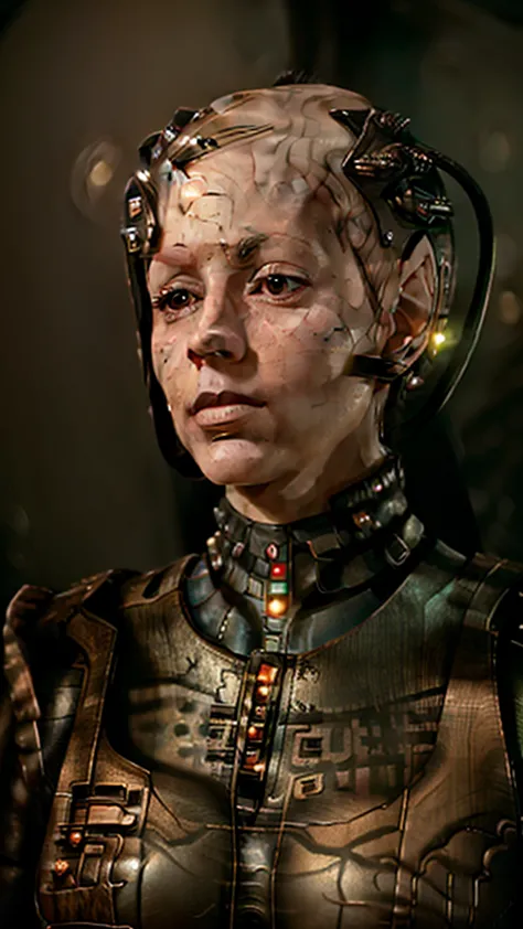 close-up of borg seven of nine (vulcan), star trek uniform voyager, transporter room background, pillar of flickering light, det...