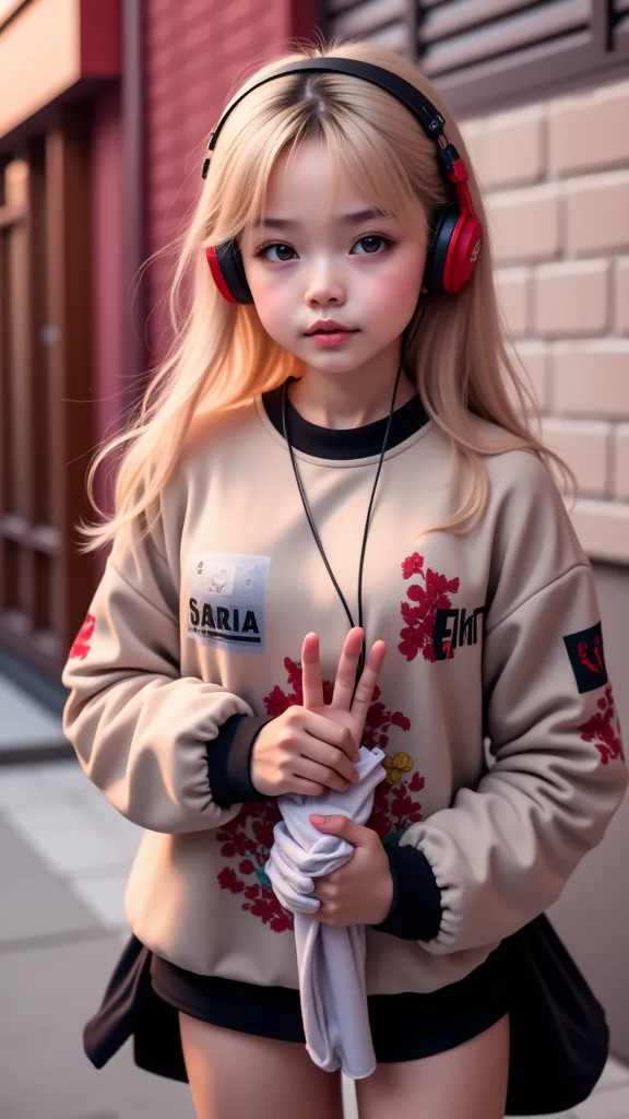 are you wearing sony headphones:1.5、  headphones、   a girl doing a prank 、 magic、  complete anatomy 、  small face、fuller lips、ca...