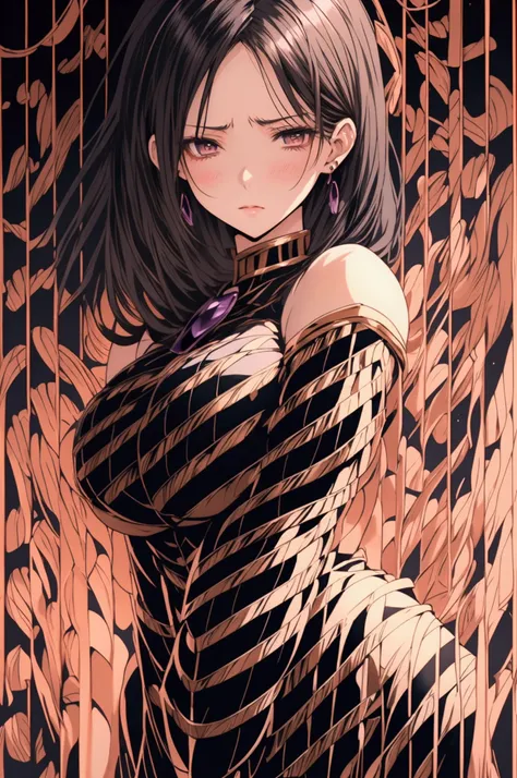 Create a detailed anime illustration of a mature woman with shoulder-length pitch-black hair, amethyst eyes, sharp chin, slender and lithe body with curves, complemented by her large breasts, dressed in a black military tight suit, eyes half closed in a sl...