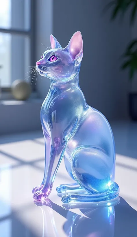 A delicate, crystal-like cat sculpted entirely from glass, with transparent, shimmering fur that reflects light in a mesmerizing spectrum of colors—soft blues, purples, and hints of pink. Its graceful form is sleek and elegant, with intricate details in th...