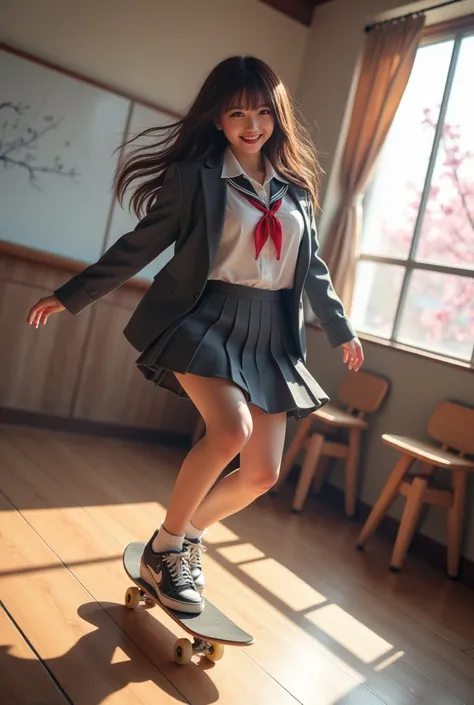 ultra-realistic, photorealistic, dramatic scene, shadow, global-illumination, solo, (teenage Japanese famous idol girl:1.5), very beautiful fragile Japanese girl, very beautiful with very cute but boyish cool face, (very large breasts), slim waist, (wearin...