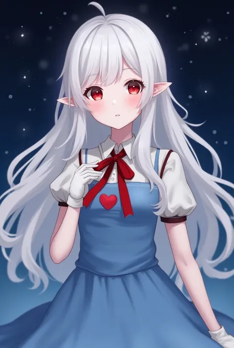 An animated image of a girl with long white hair and red eyes. She is wearing a blue dress with a white collar and a red heart on her chest. Her dress also has a red ribbon tied around her neck. Her white gloves are on her hands. Her ears are sticking out ...