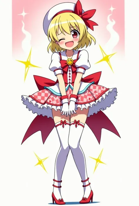 A juvenile juvenile with short blonde hair and an ahoge, wearing a magical girl outfit with a white beret hat with a large bow, a frilly colorful dress with a flared skirt, puff sleeves, and frills, a large bow on the back, white gloves , pink wristbands, ...