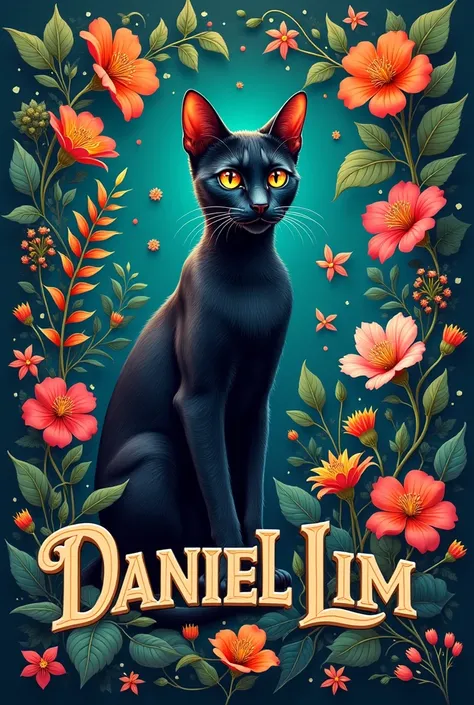 Make One design with name Daniel Lim on it and the Thame is flora fauna with a cat