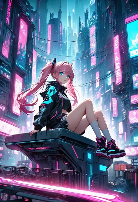 Anime girl sitting on a platform in a futuristic city , digital Cyberpunk anime art,  Digital Cyberpunk - Anime Art , Anime Style 4k, Cyber School Girl, Anime Cyberpunk Art,  Best Anime 4K Konachan Wallpaper , Cyberpunk anime art,   anime room with pink tw...