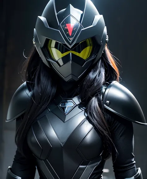 A woman black rangers, toxic ranger suit, as she power rangers toxic , full body , helmet mask, long hair, high detailed, realistic, gloves, ultra realistic, ((full face helmet)), black shield sunglasses on eyes, smart black sunglasses 