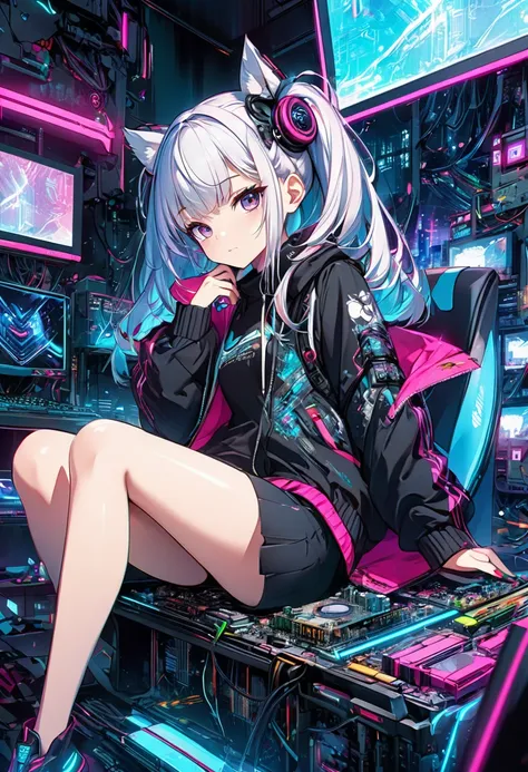 Anime girl sitting on a computer motherboard with lots of electronics,  Digital Cyberpunk - Anime Art , digital Cyberpunk anime art, detailed   digital animation art  ,  Pixiv Digital Art, Cyber School Girl,  cute detailed digital art , Anime Cyberpunk Art...