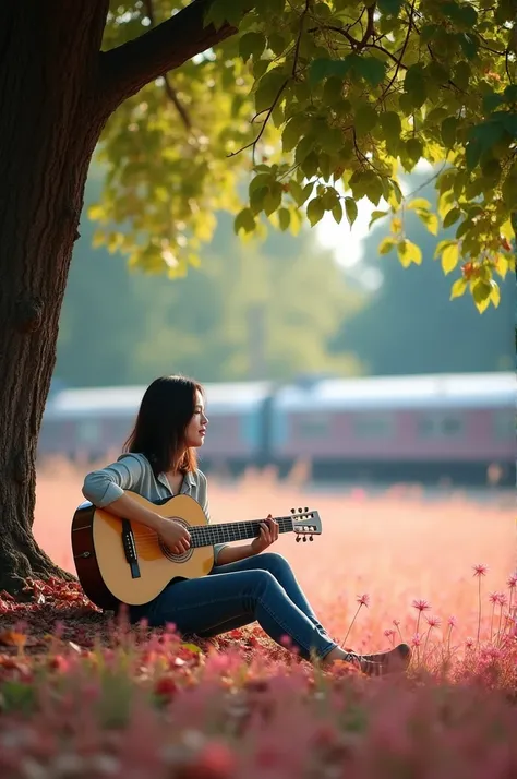 

a young Vietnamese woman is sitting playing a guitar under a shady tree and there is a train in the distance there is beautiful pink grass and fallen leaves