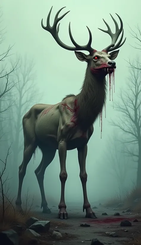 Illustrate a terrifying, undead deer in a foggy, devastated landscape. This zombie deer’s body is emaciated, with decomposing, torn skin exposing ribs and muscle beneath, resembling the decaying appearance of a classic zombie. Its skin is mottled and blood...