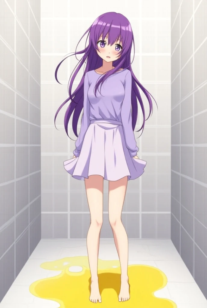 Purple long hair, Purple eyes, female, Idol, Light purple sweater ,  household apron ,  short skirt,  bathroom , Embarrassed expression ,  Standing on a pool of yellow liquid, The skirt is wet,  back view  (Anime)