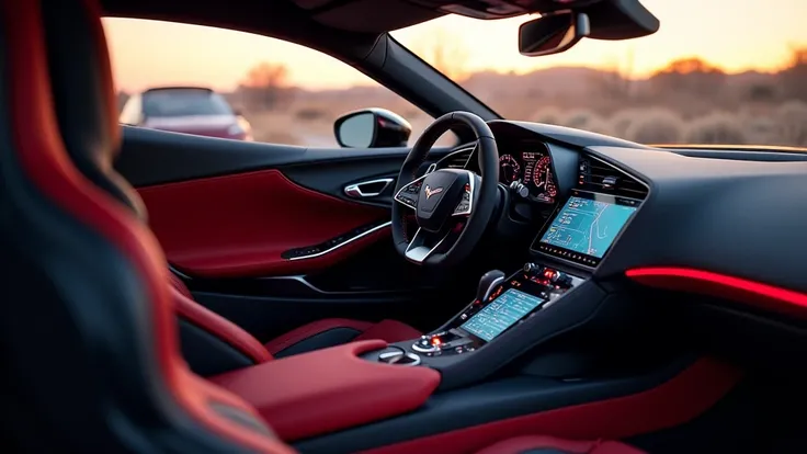 Interior shot of the 2025 Corvette ZR1 focusing on the drivers cockpit, showcasing luxurious materials like leather and Alcantara. The large touchscreen infotainment system and digital gauge cluster should be visible, with displays showing performance stat...