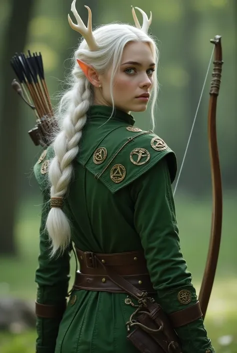 An elf woman who has white hair with a braid ,  white skin and two small deer antlers come out of her head . She is dressed in a green archers suit and on her back is her bow, which is decorated with elven runes..  Her belt if she finds a quiver carrying a...