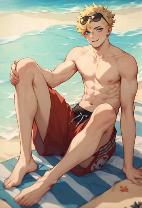 1boy, alternative boy, emo boy, twink, oval face, sunglasses on forehead, blue eyes, taper fade curly hair with bangs, light yellow hair, shirtless, very muscular and slim body, red swim trunks, barefoot, beach, following him