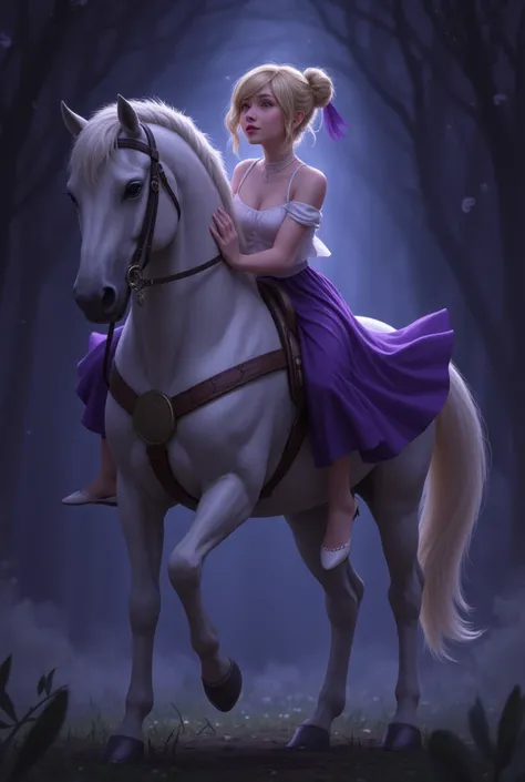 
a blonde girl with a bun with a purple skirt and white heels,
we can clearly see the blades and the feet,
she is on a horse 
the lights are dimmed