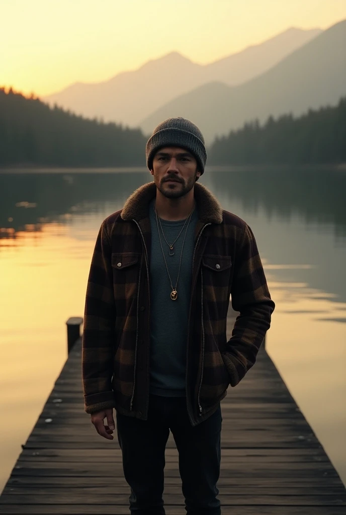 Sam Worthington standing on a dock overlooking a lake at sunset. He has a necklace with a small ring pendant. He’s wearing a flannel jacket and winter hat.