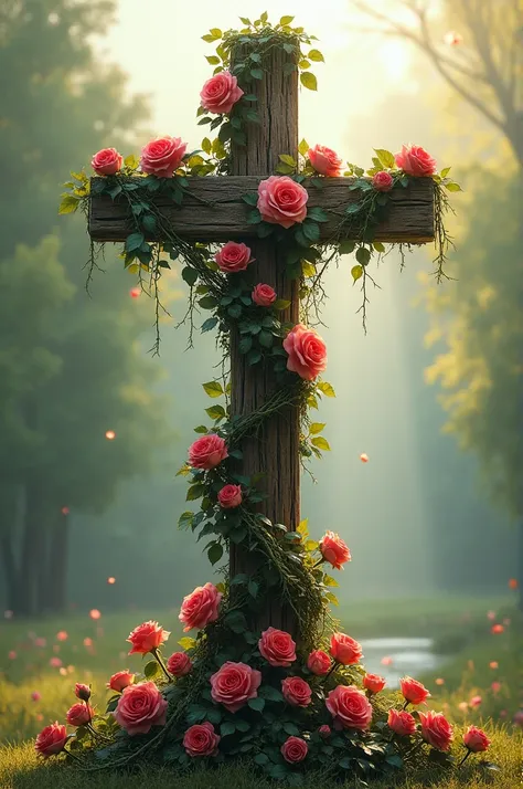 A cross with roses and vines going through it