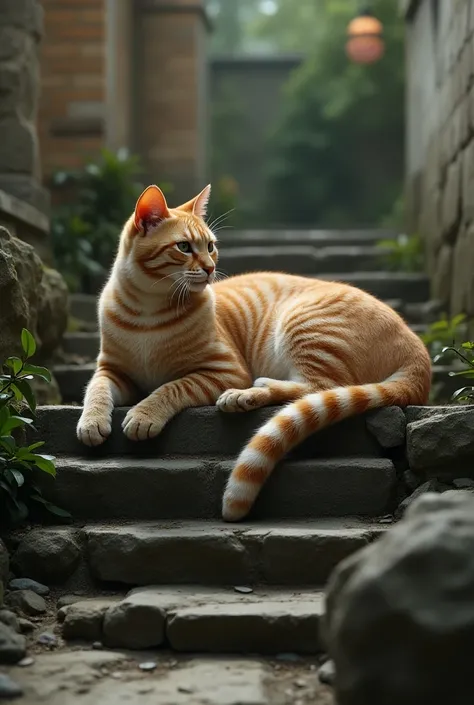 masterpiece, best quality, Photorealistic, realistic, photograph, cat on the stone steps