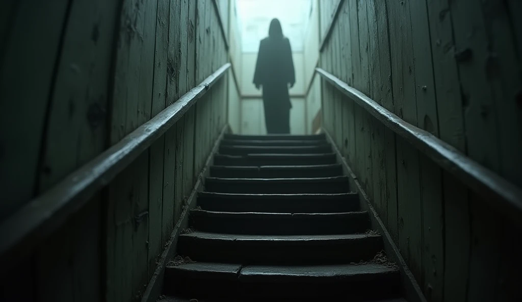 Worn wooden staircase with a blurred figure on the top step.