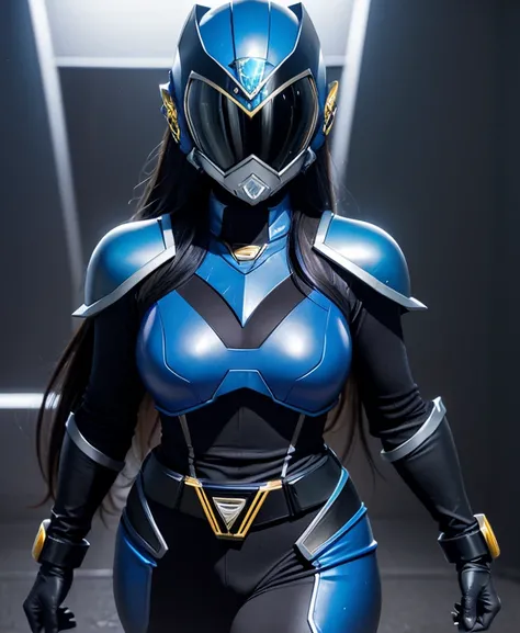 A woman highly blue rangers, toxic ranger suit, as she power rangers toxic , full body , helmet mask, long hair, high detailed, realistic, gloves, ultra realistic, ((full face helmet)), black shield sunglasses on eyes, smart black sunglasses 