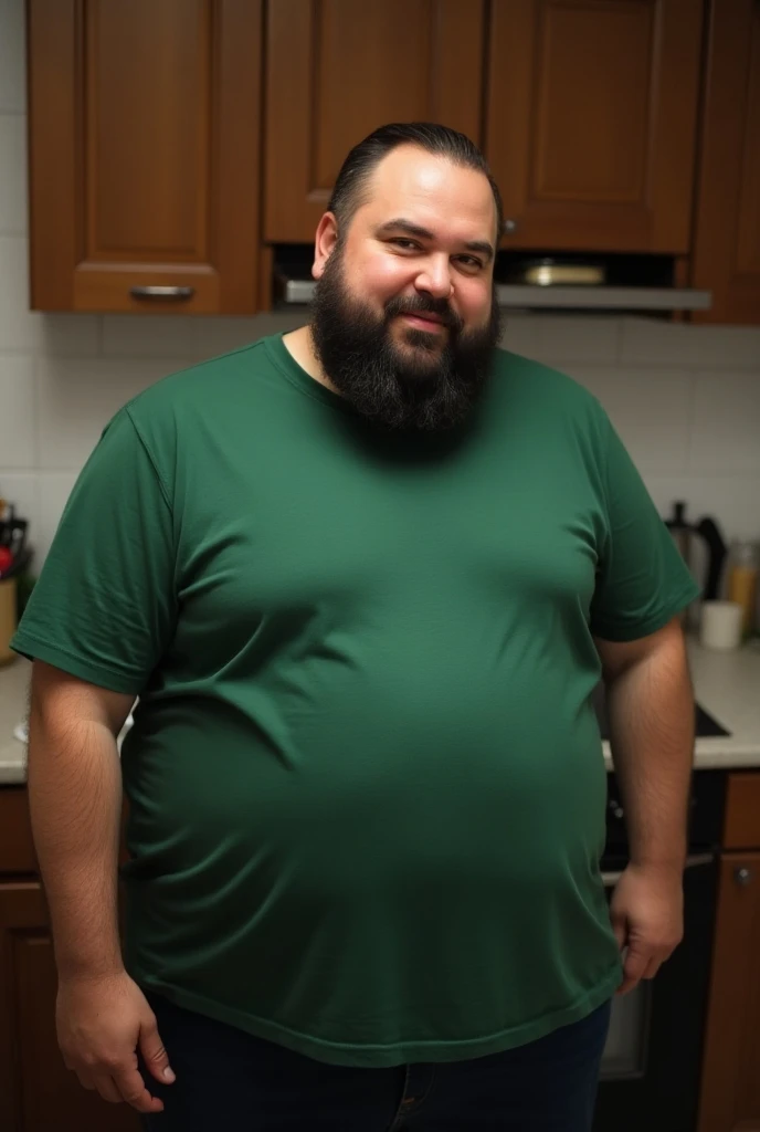  Arafat man with a beard and green shirt standing in a kitchen, robust chubby body, husky, attractive husky man, hairy chest, spongy chest, hairy chest, chubby, Man Bear Pig, hairy chest and hairy body, voluptuous male ,  medium waist of a handsome guy , f...