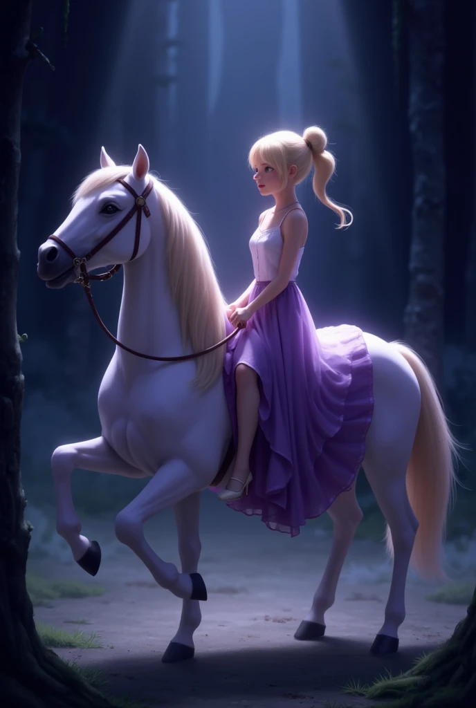 
a blonde girl with a bun with a purple skirt and white heels,
we can clearly see the blades and the feet,
she is on a horse 
the lights are dimmed