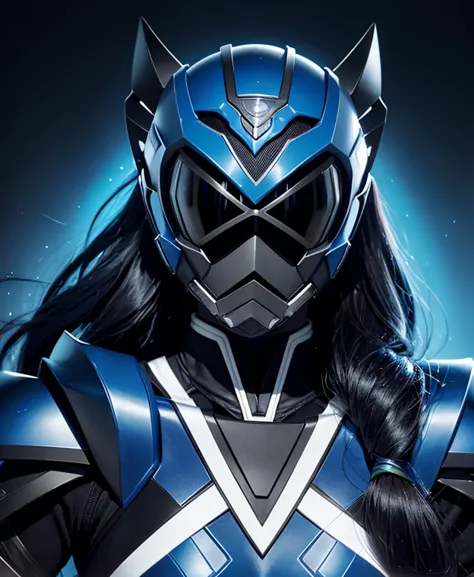 A woman highly blue rangers, toxic ranger suit, as she power rangers toxic , full body , helmet mask, long hair, high detailed, realistic, gloves, ultra realistic, ((full face helmet)), black shield sunglasses on eyes, smart black sunglasses 