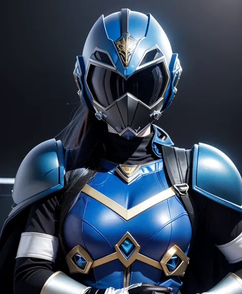 A woman highly blue rangers, toxic ranger suit, as she power rangers toxic , full body , helmet mask, long hair, high detailed, realistic, gloves, ultra realistic, ((full face helmet)), black shield sunglasses on eyes, smart black sunglasses 